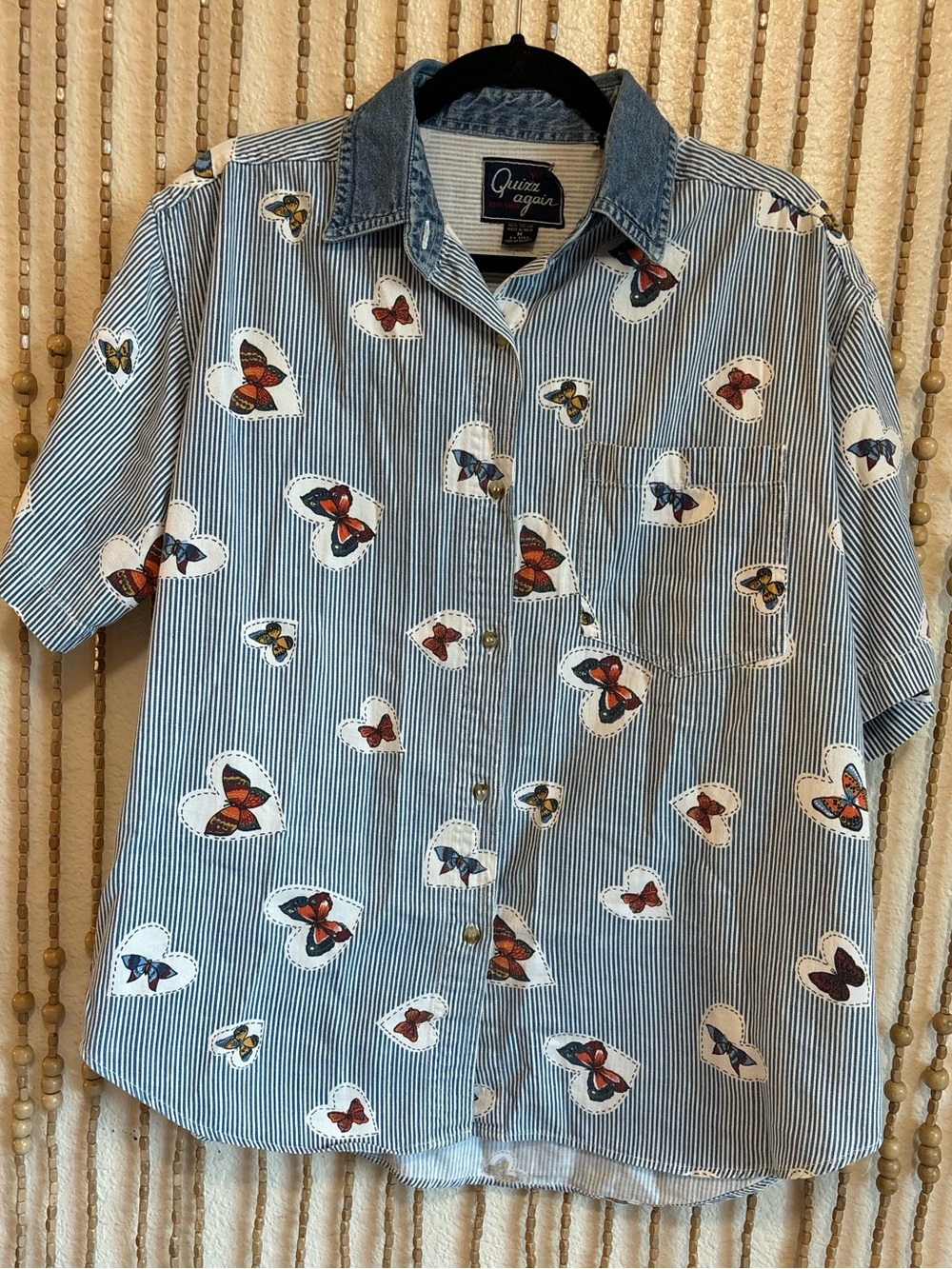 Vintage Blue White Striped Butterfly Print Button Down Short Sleeve Collared Top